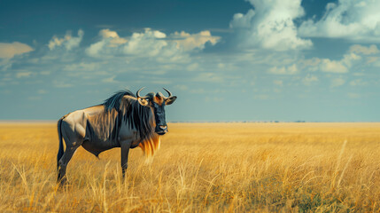 Wildebeest looking in the savanna