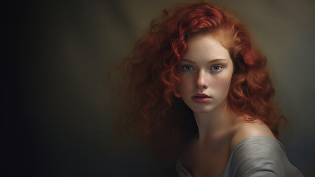 Studio portrait of a beautiful model with red hair and blue eyes.