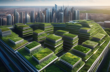 A panoramic view of a contemporary, eco-friendly urban skyline, showcasing lush green roofs, advanced sustainable buildings, and innovative infrastructure designed for environmental conservation