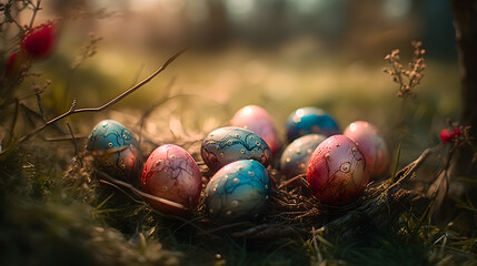 Channeling the wonderful spirit of Easter, envisioning an extravagant landscape with hidden eggs amidst lush grass, shining under the magical spell of golden light.