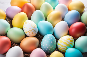 Background of colorful Easter eggs lying on the hay. An Easter card.