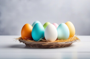 A basket with Easter colored eggs stands on the table on a gray background. An Easter postcard with an empty space for the text.