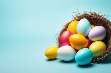 Colorful Easter eggs roll out of the basket on a blue background with a place for text. An Easter card.