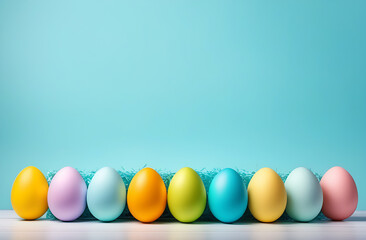 Colorful eggs stand beautifully on a light table and on a blue background. An empty space for the text. An Easter card.