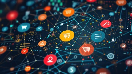 Abstract network of connected icons symbolizing online shopping and e-commerce on a digital interface with a depth of field effect. - obrazy, fototapety, plakaty