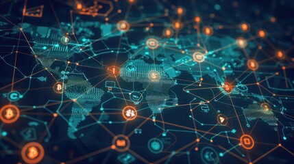 Obraz premium A vivid display of a global cryptocurrency network with Bitcoin icons, signifying the interconnected nature of digital currencies across the world.