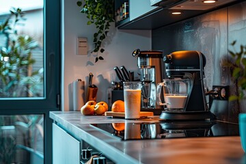 A stylish modern kitchen scene making a morning protein shake - obrazy, fototapety, plakaty