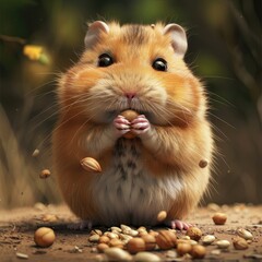 A chubby hamster stuffing its cheeks with seeds its eyes wide with delight