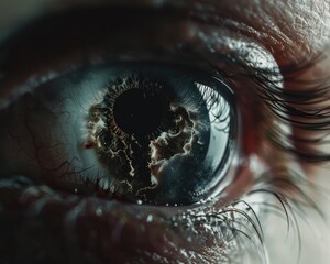 A close-up of a human eye that reflects a horrific scene not visible to the observer