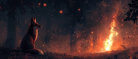 A fox gazing curiously at a supernova explosion illuminating the dark forest around it - obrazy, fototapety, plakaty