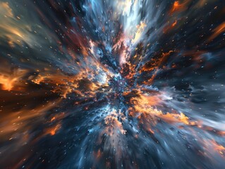 abstract 3D explosion of colors and shapes simulating a cosmic event in deep space - obrazy, fototapety, plakaty