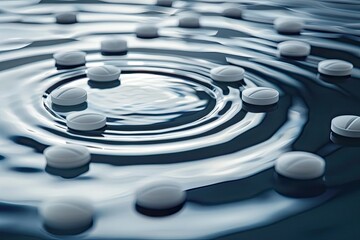 An artistic 3D setup of pills creating ripples in water symbolizing the impact of medication on the body