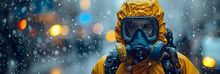 Quarantine coronavirus infection. A man in prote,
Close-up of a person in a gas mask with raindrops on the - obrazy, fototapety, plakaty