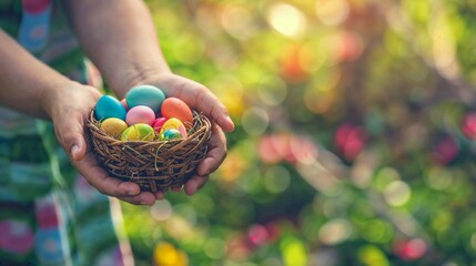 Easter eggs, basket, colorful, celebration, spring, tradition, egg hunt, festive, dyed eggs, decorations, handmade, April, holiday, pastel colors, outdoor, bokeh effect, greenery, Easter Sunday, famil - obrazy, fototapety, plakaty