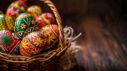 Easter eggs, pysanka, intricate designs, Ukrainian, traditional, hand-painted, vibrant colors, folk art, basket, wicker, craftsmanship, detailed patterns, cultural heritage, red, green, yellow, wax-re - obrazy, fototapety, plakaty