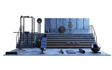 Gymnasium Equipped with Bleachers and Exercise Gear Isolated on Transparent Background PNG.