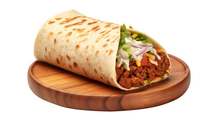 Beef burrito wrap sandwich on wooden platter isolated on a transparent background