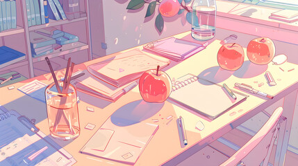 Cute beautiful aesthetic Japanese room anime cartoonish artstyle. Kawaii cozy lofi Asian architecture, wallpaper for mobile phone, pink, green purple pastel colors, window, table, school accessories