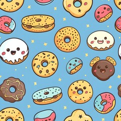 Background with cute desserts with eyes. Donuts, muffins, cute chocolate cookies. Smiling sweets on a pastel blue modern color pink beige, seamless anime style design wallpaper Food kawaii characters