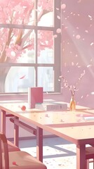 Cute beautiful aesthetic Japanese room anime cartoonish artstyle. Kawaii cozy lofi Asian architecture, wallpaper for mobile phone, pink, green purple pastel colors, window, table, school accessories