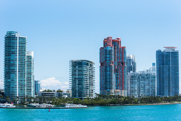 Fototapeta na wymiar Miami, Florida - sunny day, panorama view on the South Beach skyscrapers. 