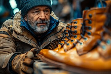 An artisan with a thoughtful expression inspecting handmade leather boots