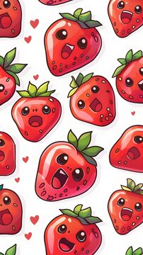 Vector illustration of cute happy smiling strawberry cartoon characters isolated on pastel modern pink color background. Fruit background with kawaii anime style excited emoji seamless wallpaper