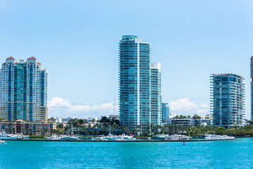 Fototapeta premium Miami, Florida - sunny day, panorama view on the South Beach skyscrapers. 