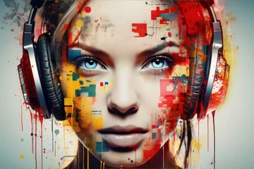 Foto op Plexiglas Energetic pop art illustration. teenage face immersed in vibrant colors with headphones © Iuliia