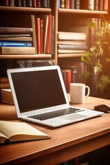 laptop with books with shelfs on background. online education and e-book concept