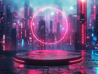 3D podium, futuristic robotic stage, cyberpunk city backdrop, neon glow