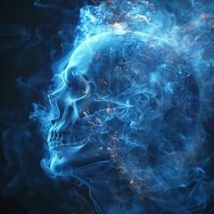 Obraz premium Ghostly Blue Fire Smoke Forming a Skull in Darkness, Spectral Light, Conceptual and Surreal Artistic Representation