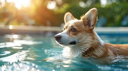 Corgi in swimming pool, summer vibe, dusk light, side view, tranquil atmosphere