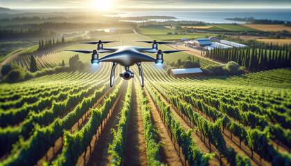 drone flying over a lush vineyard - obrazy, fototapety, plakaty
