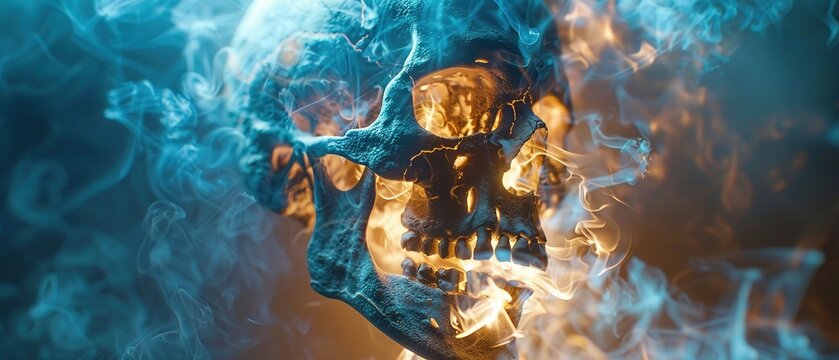 Surreal Skull Engulfed in Blue Smoke and Orange Flames Conceptual Artwork of Horror and Mystery