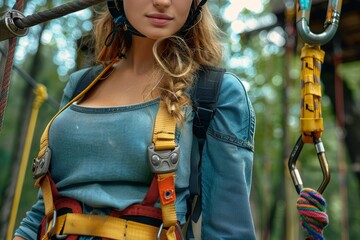 The image captures the detail of a safety harness and gear used for climbing or zip-lining at an adventure park, focusing on safety and sport