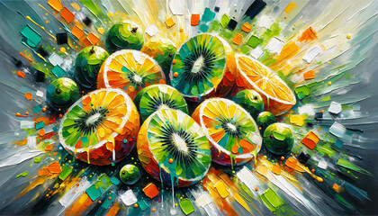 painting of sliced citrus fruits, possibly kiwis and oranges - obrazy, fototapety, plakaty