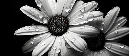 A black and white photo capturing the beauty of two daisies, with water drops glistening on their white petals. A classic and elegant style - Powered by Adobe