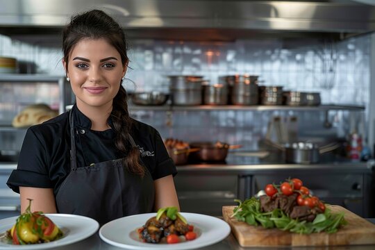 Smiling chef poses in a professional kitchen with a variety of meticulously prepared meals