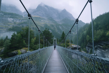 Walking on a suspended pedestrian bridge in the mountains