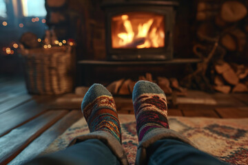 POV sitting in front of fireplace in warm socks in a cottage in winter - 768343134
