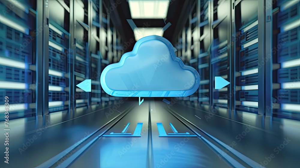 Aufkleber cloud storage technology, with arrows indicating data transfer for downloading and uploading files t