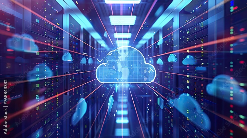 Aufkleber cloud storage technology, with arrows indicating data transfer for downloading and uploading files t