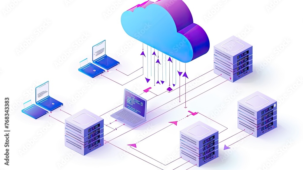 Aufkleber cloud storage technology, with arrows indicating data transfer for downloading and uploading files t