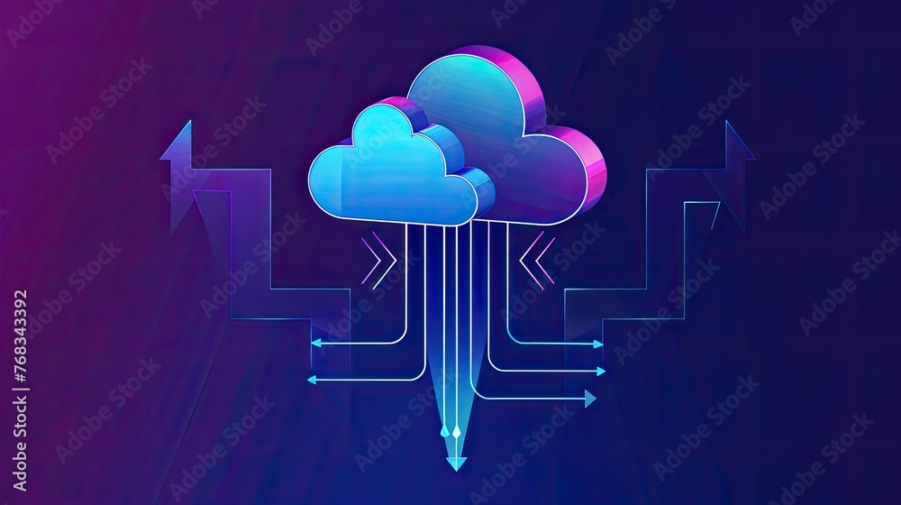 Aufkleber cloud storage technology, with arrows indicating data transfer for downloading and uploading files t