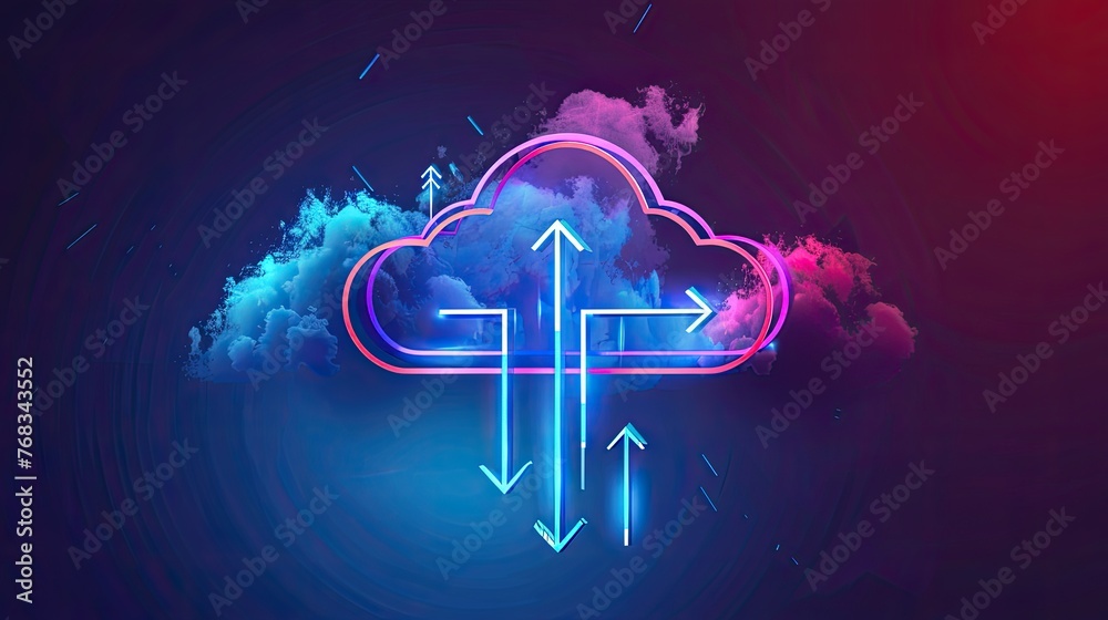 Aufkleber cloud storage technology, with arrows indicating data transfer for downloading and uploading files t