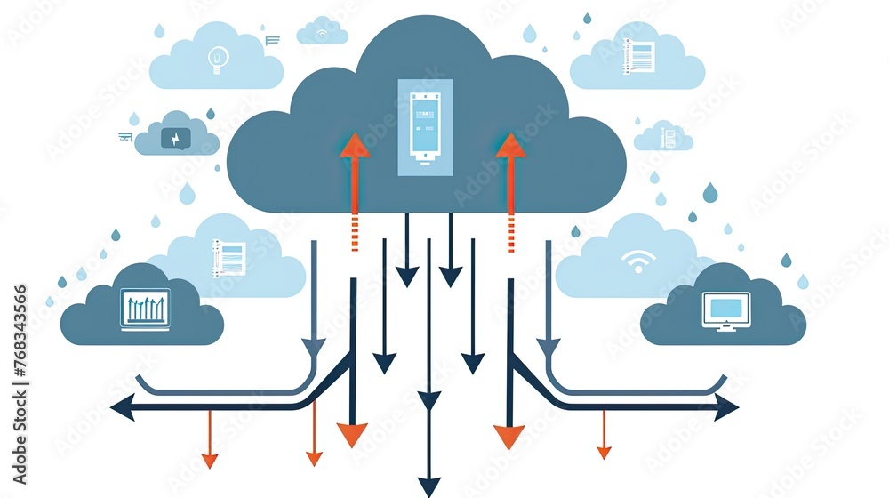 Aufkleber Cloud storage technology, with arrows indicating data transfer for downloading and uploading files to a secure online server. Cloud computing technology