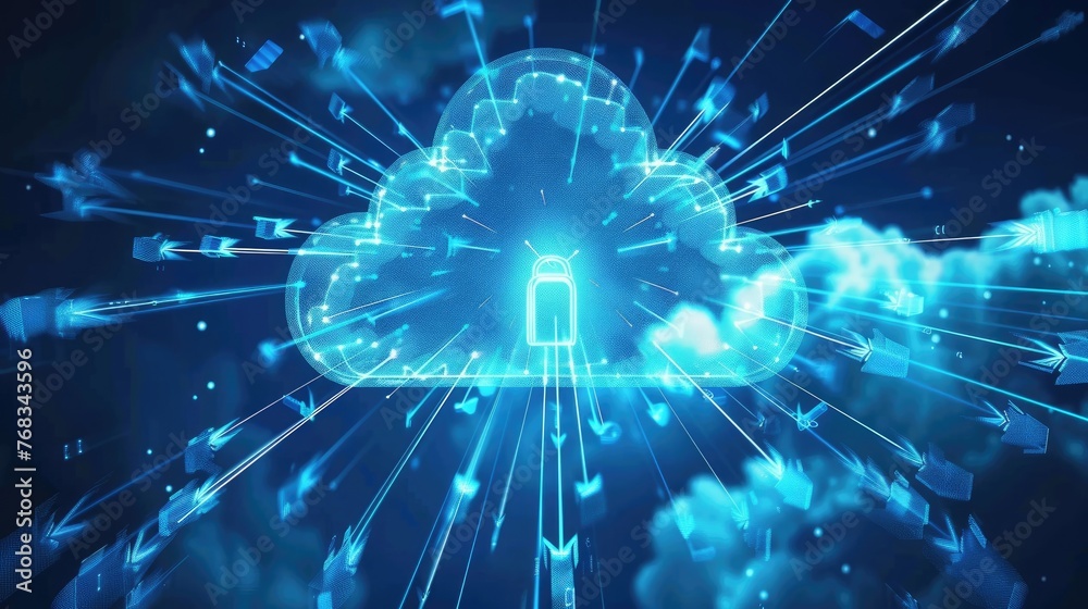Aufkleber cloud storage technology, with arrows indicating data transfer for downloading and uploading files t