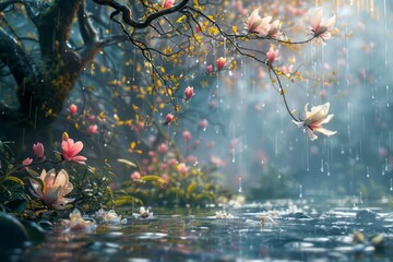 Enchanting Spring Rain in Blossoming Forest Serene Nature Scenery with Raindrops and Flowering Trees