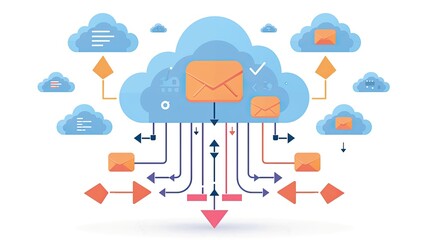 Obraz premium Cloud storage technology, with arrows indicating data transfer for downloading and uploading files to a secure online server. Cloud computing technology